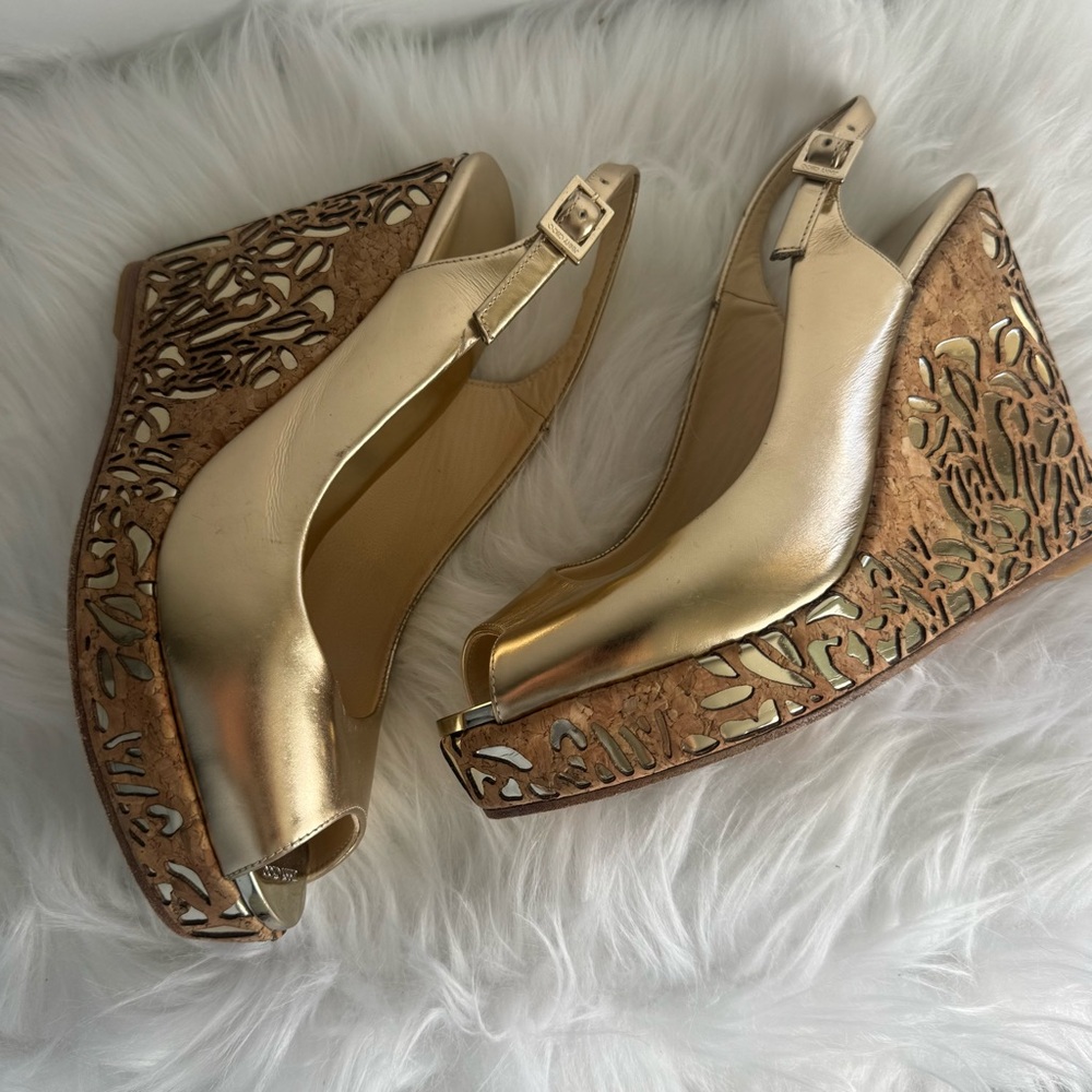 Jimmy Choo Gold Leather Laser Cut Cork Wedge Sandals
